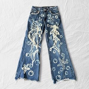 Y2K painted flare jeans ocean print wide leg